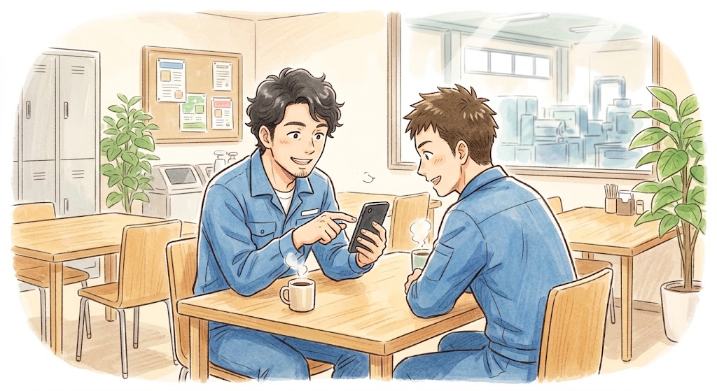 工場の休憩室で作業員が社員にスマホ回線を確認しているシーン