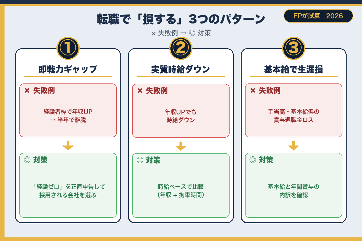 転職で損する3パターン｜①即戦力ギャップ ②実質時給ダウン ③基本給で生涯損｜× 失敗例 → ◎ 対策