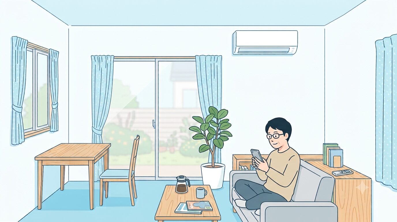 スマホを見ながら落ち着いて情報を確認する男性