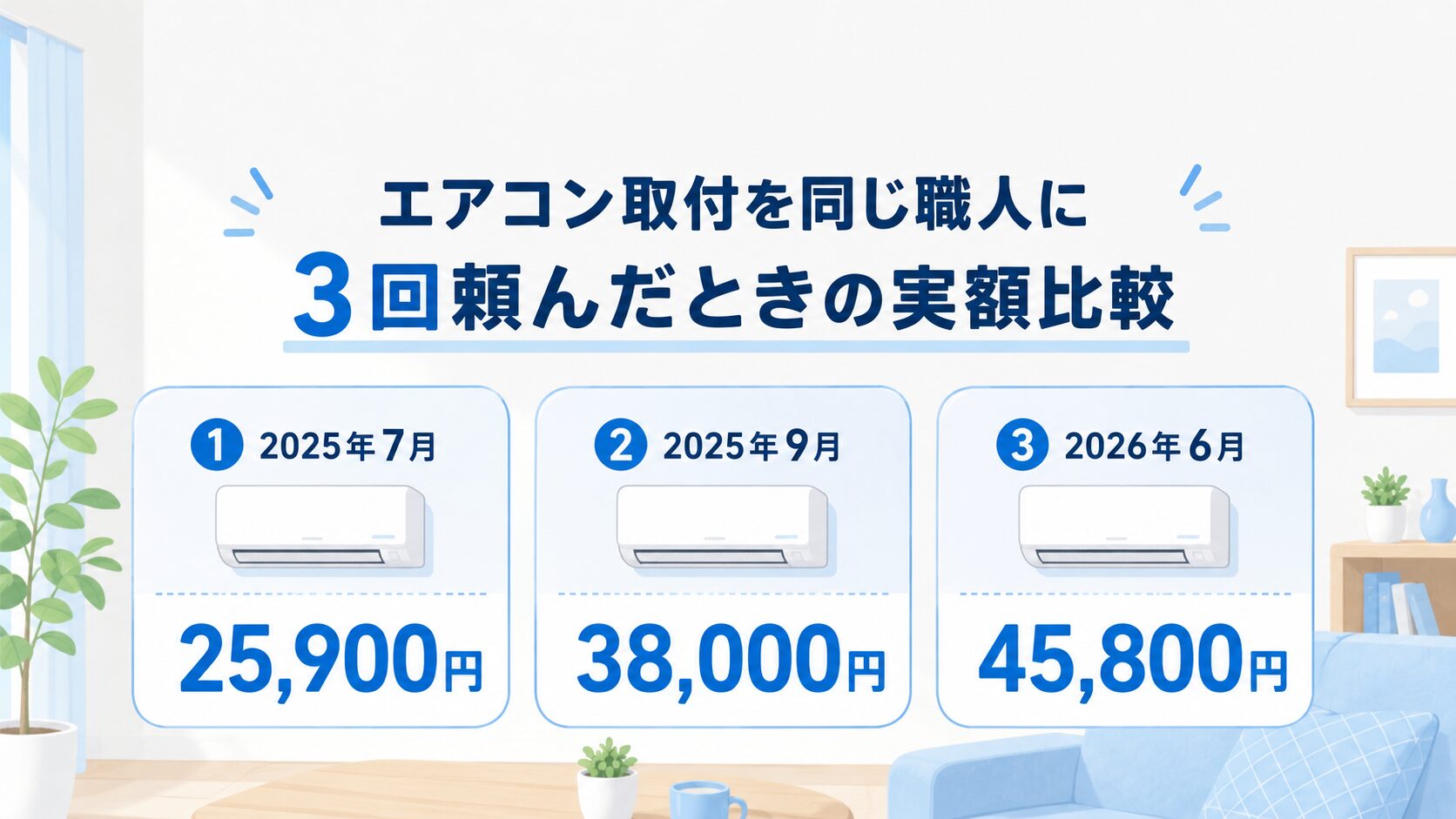 同じ職人に3回エアコン取付を頼んだときの実額比較。2025年7月25,900円、2025年9月38,000円、2026年6月45,800円。