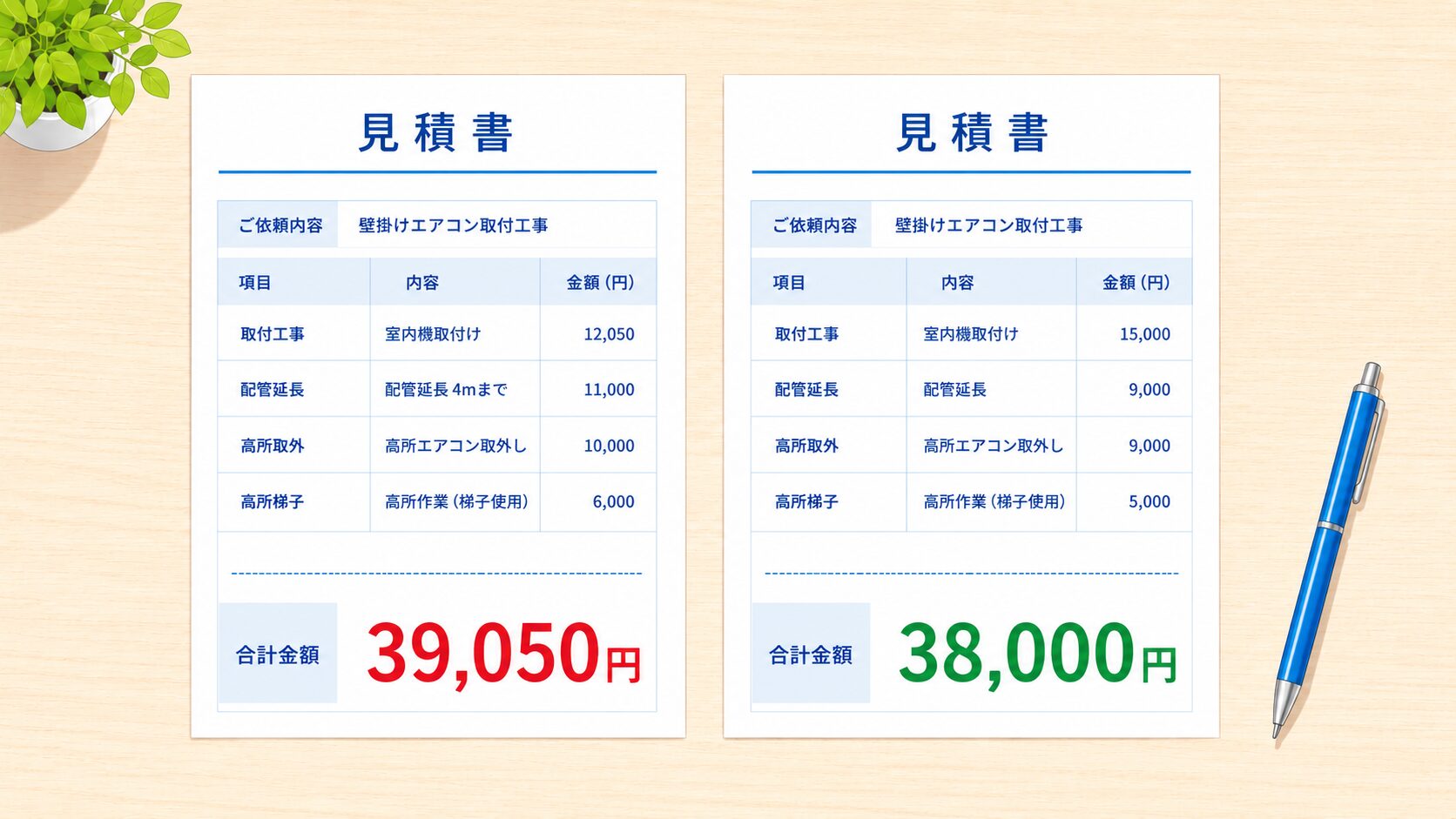 エアコン取付費 見積もり比較表