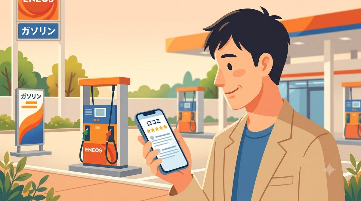スマホでガソリンスタンドの口コミを確認するイラスト