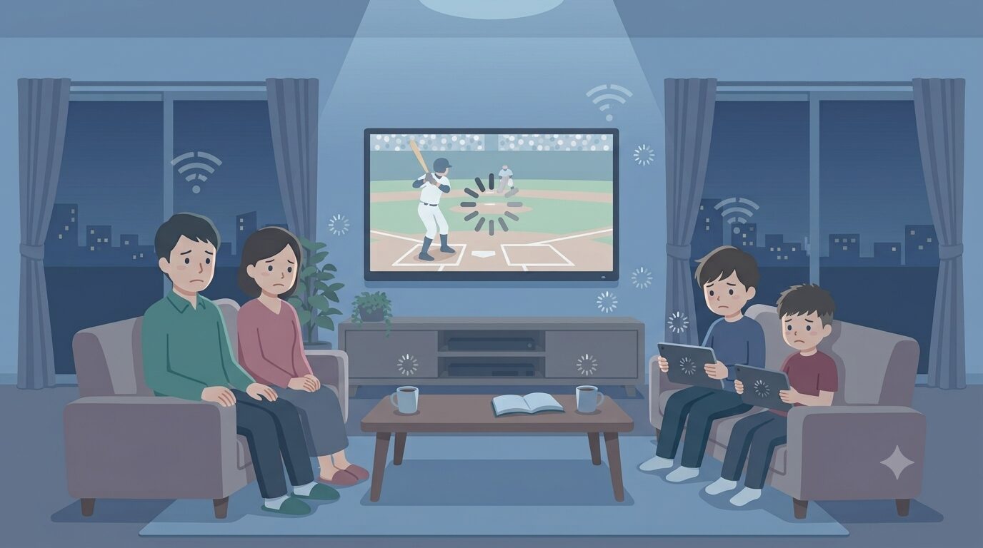 夜に回線が遅く、家族がネットを奪い合って困っている様子