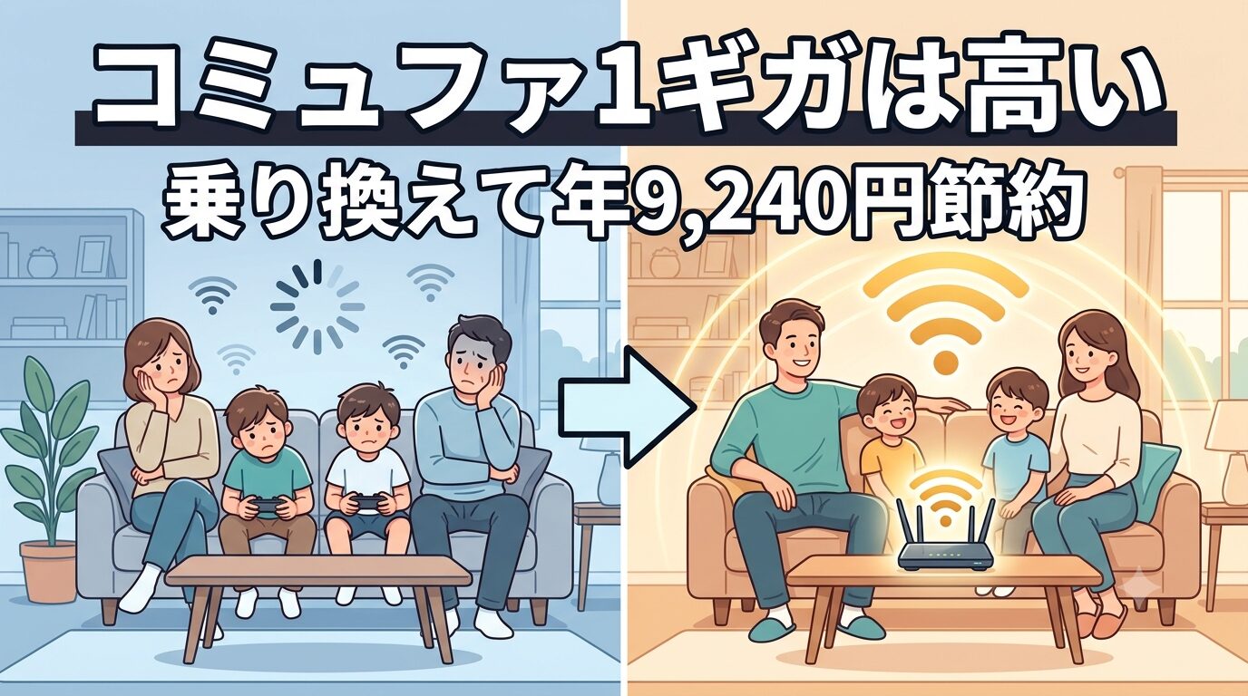 コミュファ1ギガから乗り換えて年9,240円安くなったことを示すビフォーアフター