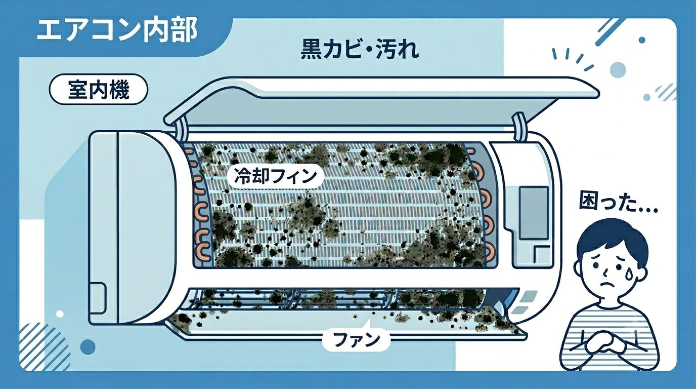 エアコン内部の黒カビ・冷却フィン・ファンの図解
