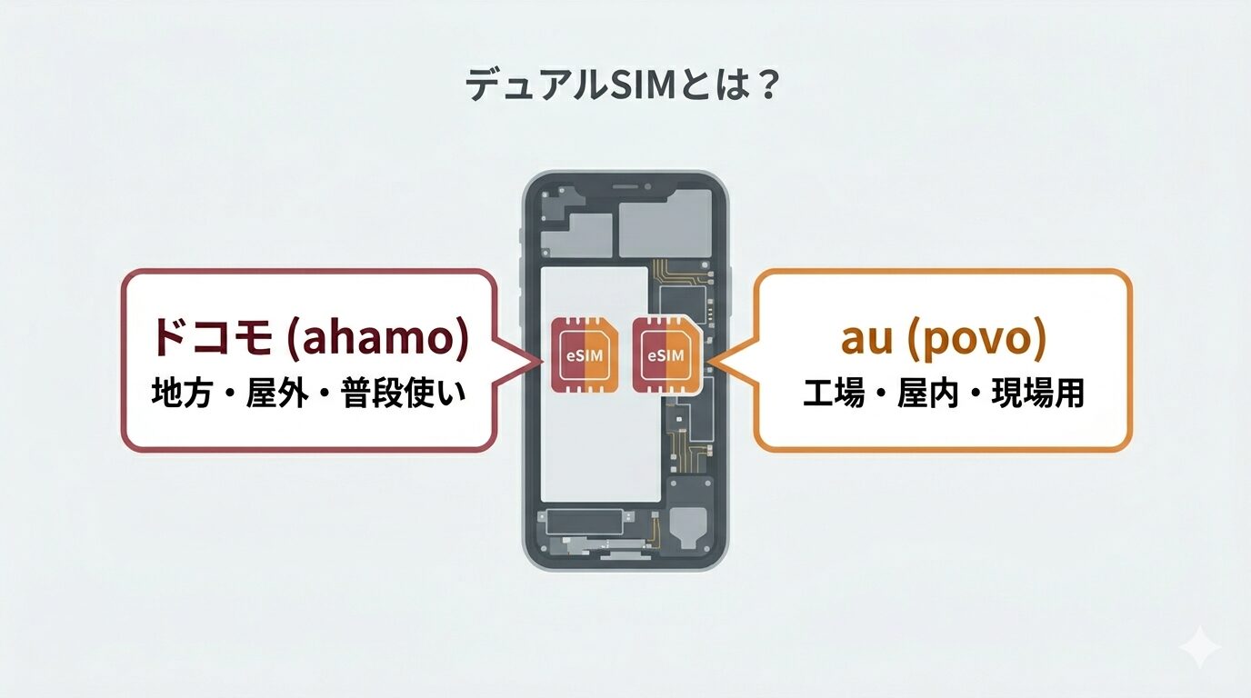 スマホ1台にドコモ系(ahamo)とau系(povo)の2枚のSIMを入れ、地方・屋外はahamo、工場・屋内はpovoで使い分けるデュアルSIMの図解