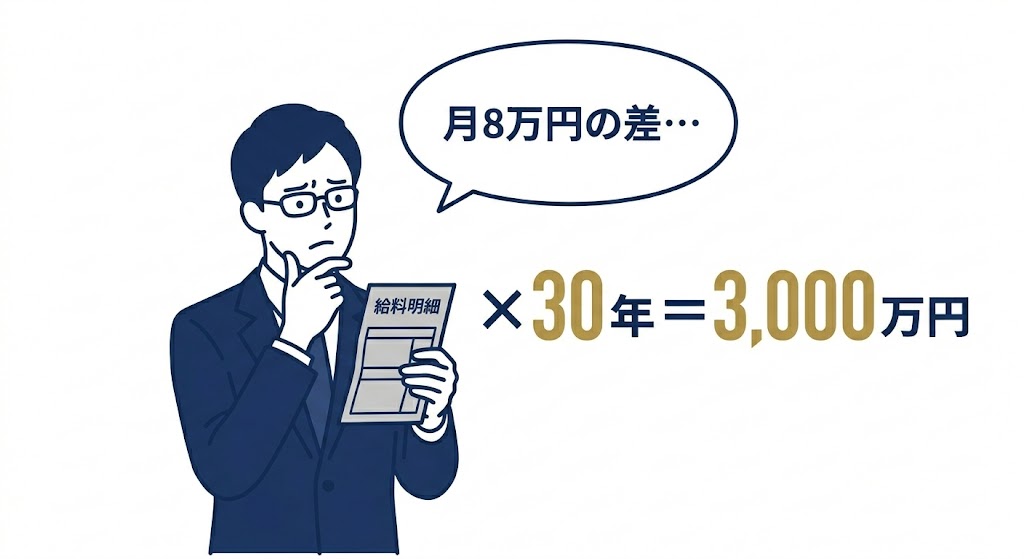給料明細を見て月8万円の差が30年で3,000万円になると気づく男性