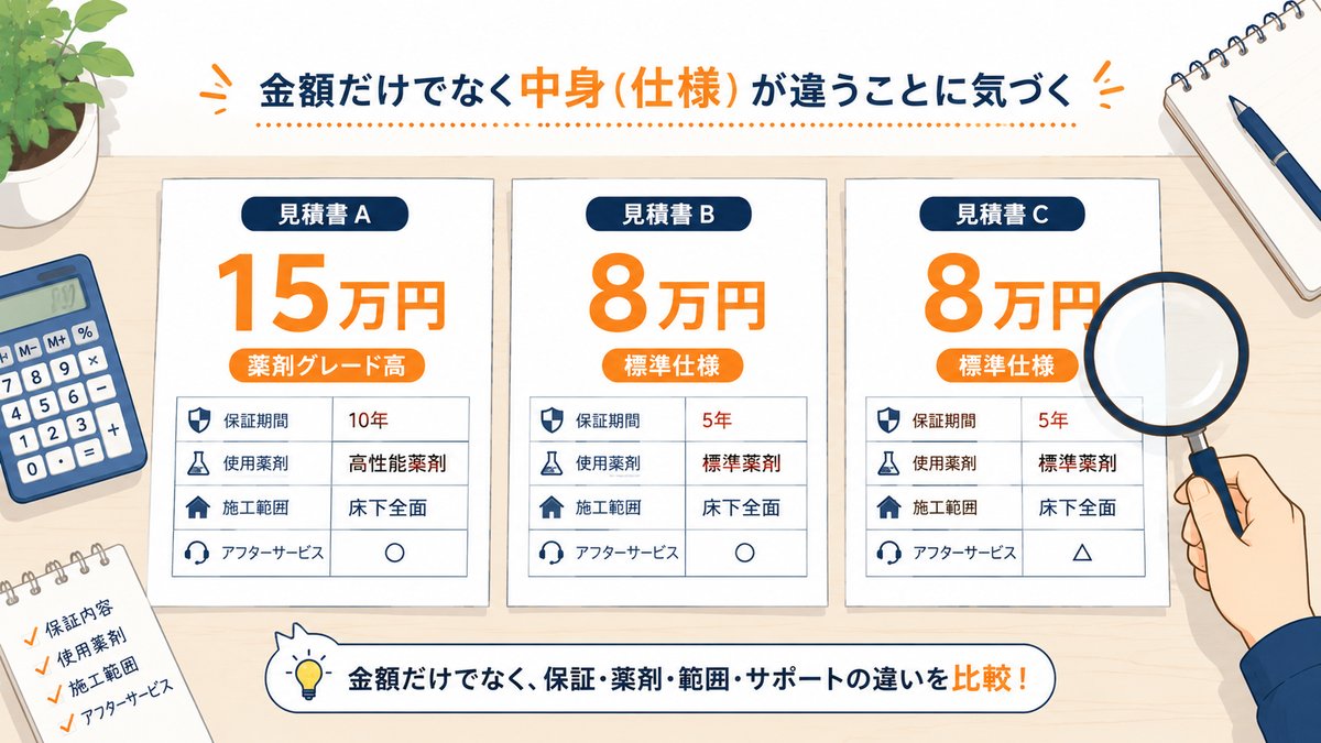 見積書3枚の比較イラスト 金額だけでなく保証・薬剤・仕様が違う
