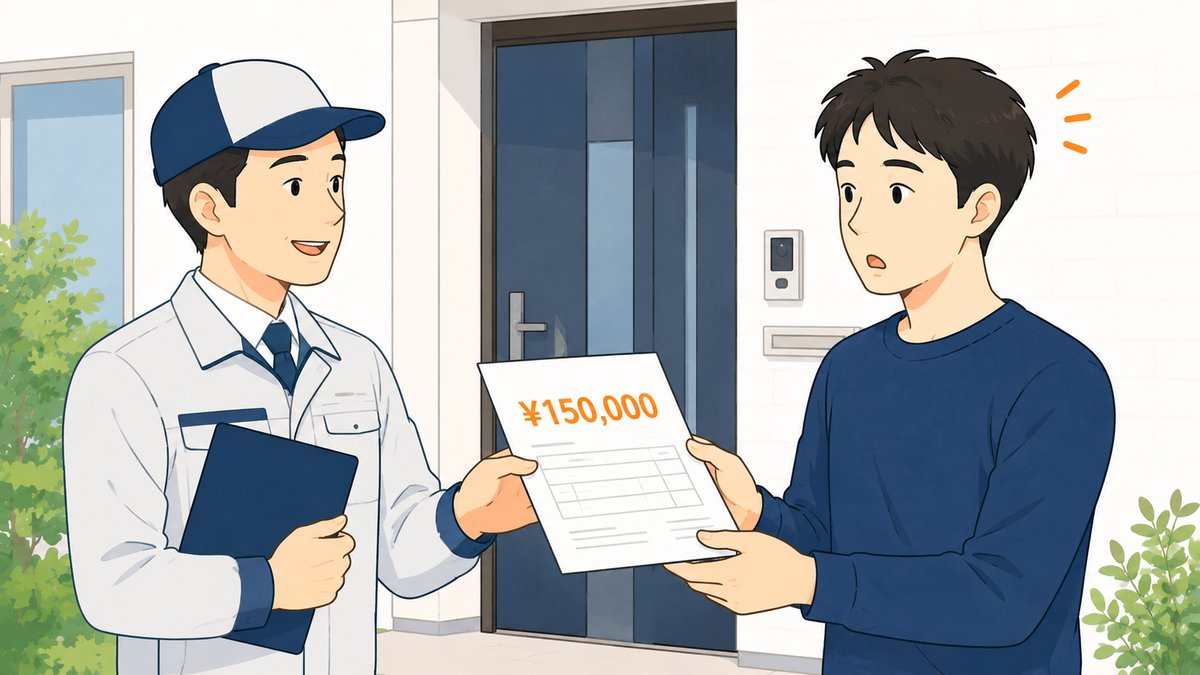 定期点検で防蟻予防15万円の見積もりを提示されるイラスト