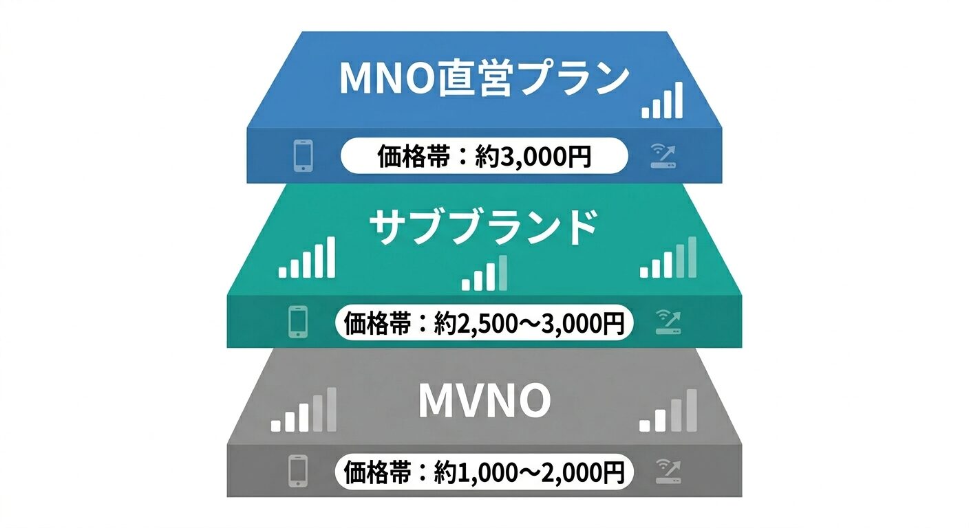 MNO直営プラン約3,000円・サブブランド約2,500〜3,000円・MVNO約1,000〜2,000円の3層構造インフォグラフィック