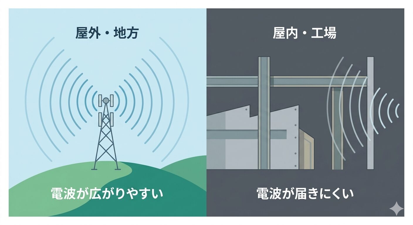 屋外・地方は電波が広がりやすく、屋内・工場は電波が届きにくいことを示すイラスト