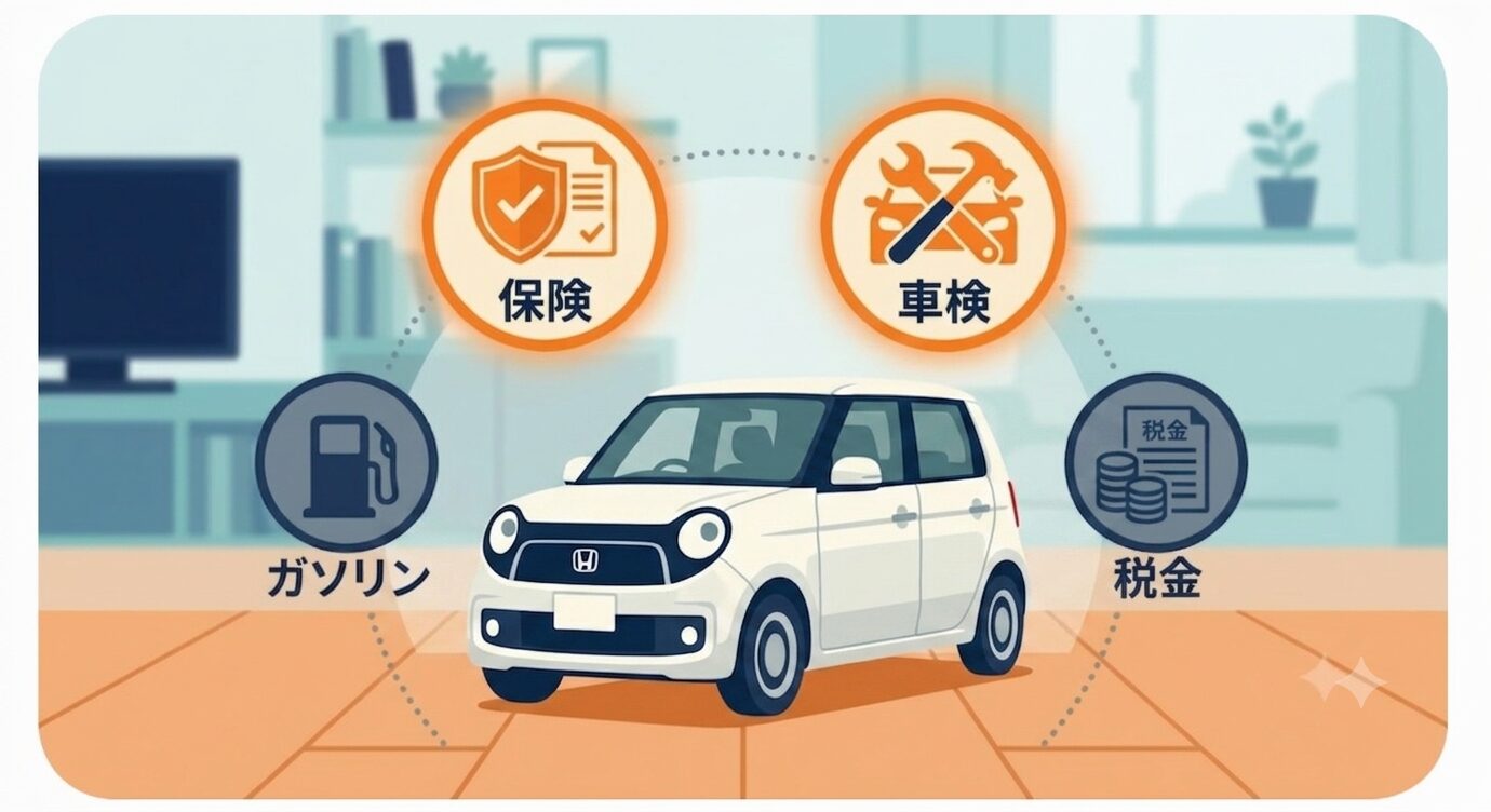 軽自動車の維持費の項目（保険・車検・ガソリン・税金）を示すイラスト