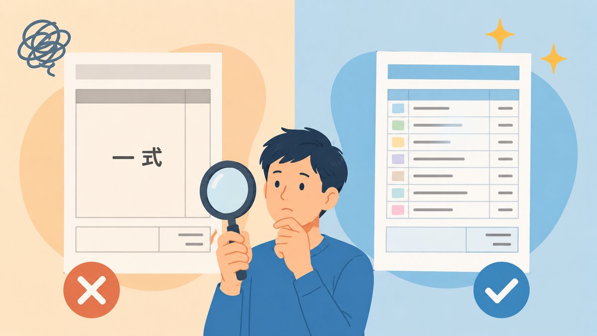 一式表記の見積書と工程別の見積書の比較イラスト