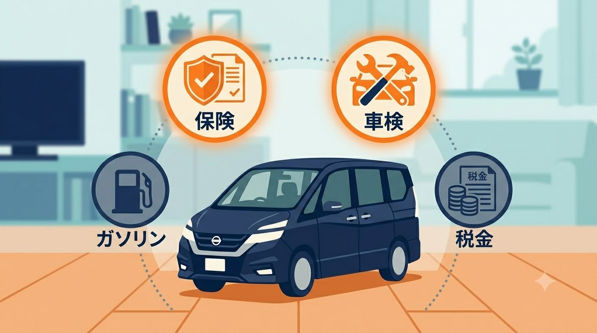 保険と車検の2項目が見直し対象として強調されたイラスト