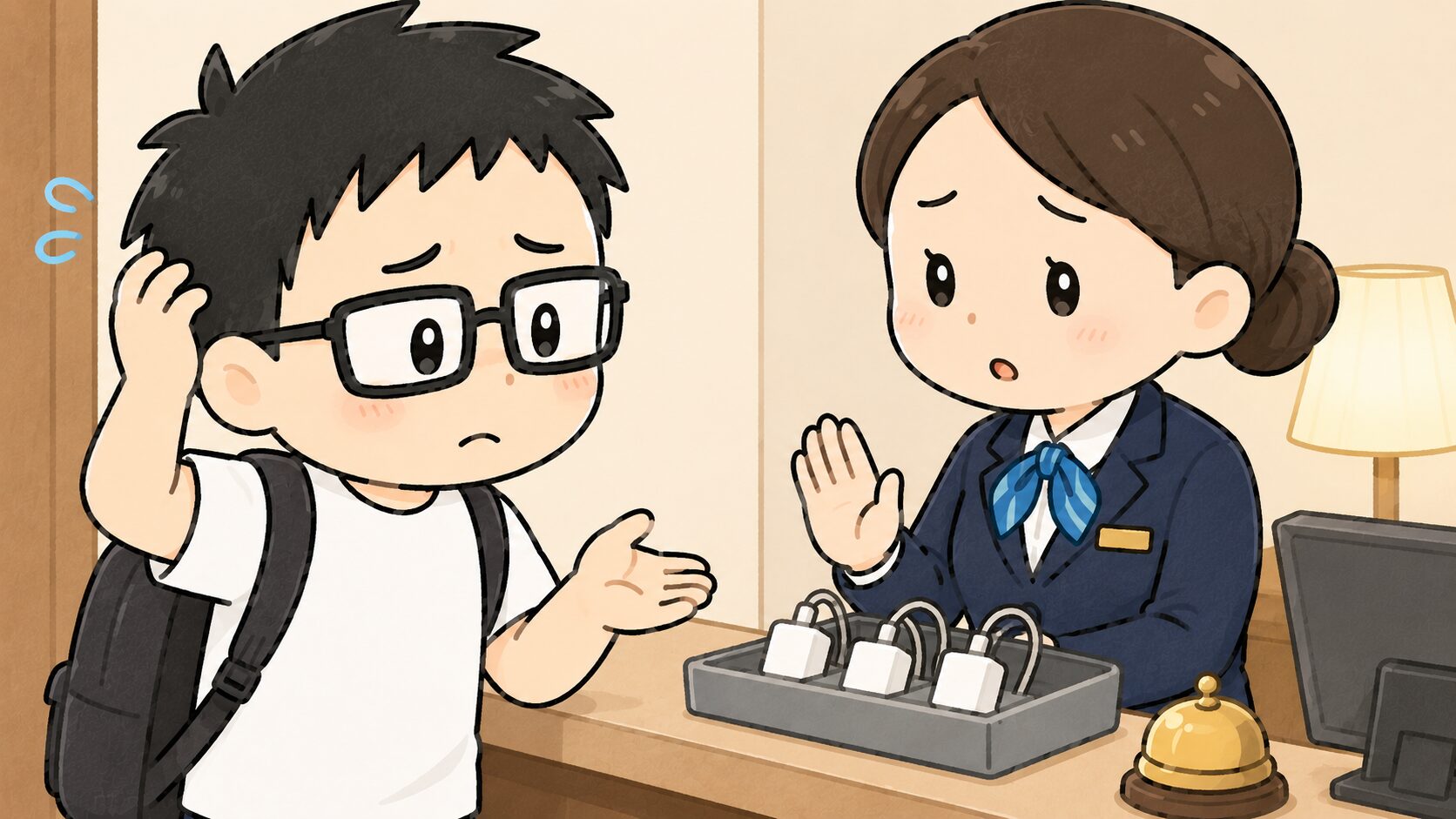 ホテルのフロントで充電器を借りようとして断られる様子のイラスト