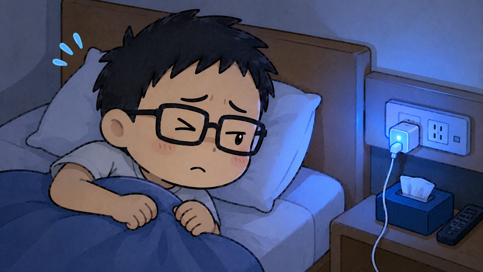 ベッドで充電器の青いランプがまぶしくて眠れない様子のイラスト