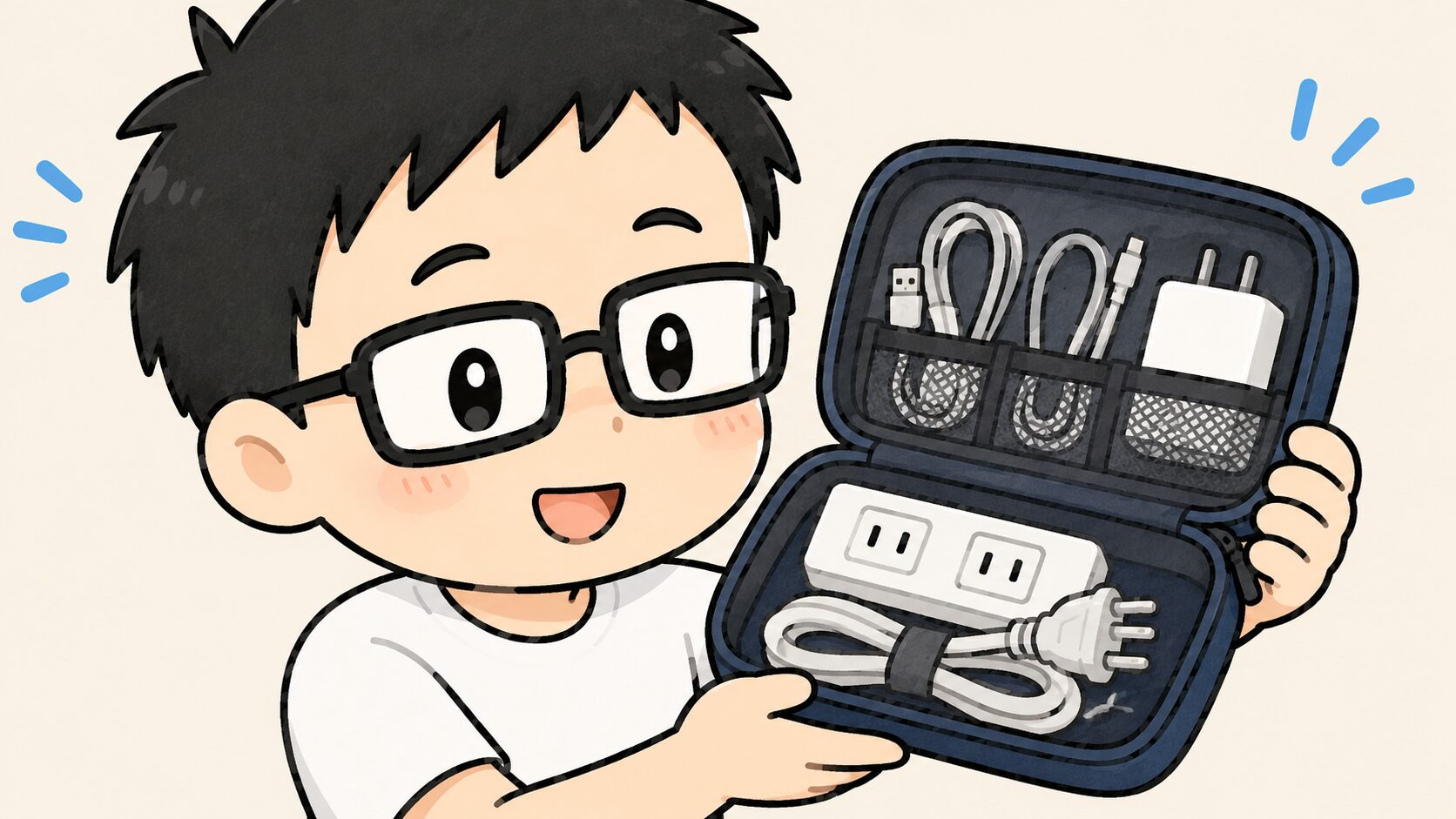 出張用の充電器セットをポーチにまとめて持つ様子のイラスト