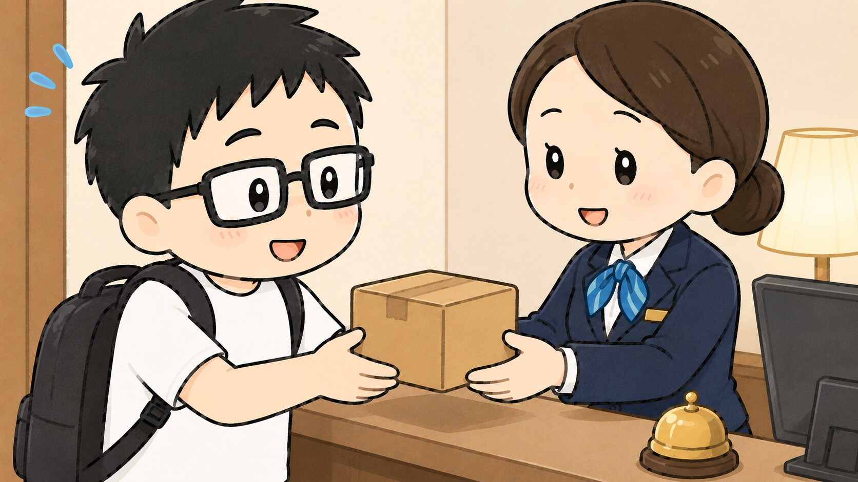 ホテルのフロントで通販の荷物を受け取る様子のイラスト
