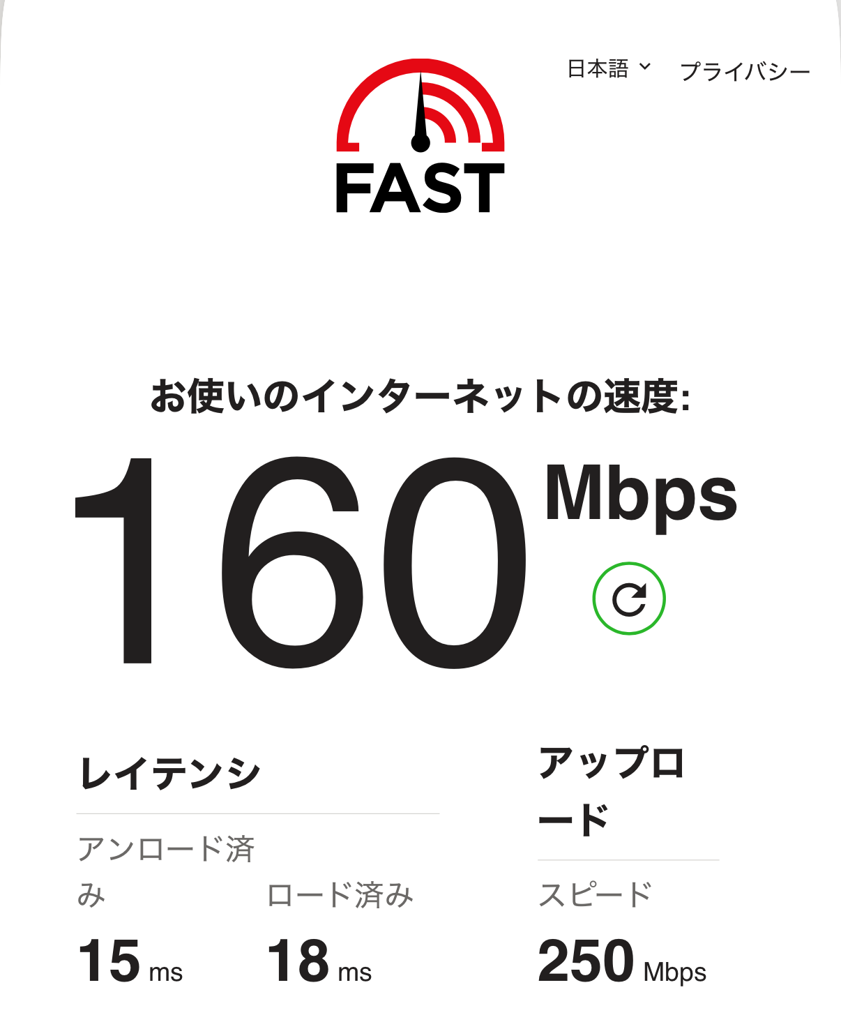 BB.excite光 MEC 開通直後のFAST.com実測 下り160Mbps・上り250Mbps