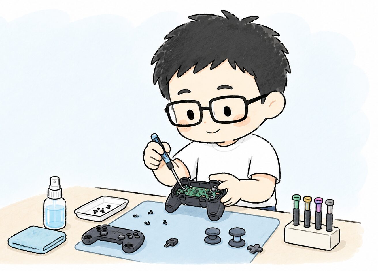 プロコンを分解清掃しているイラスト