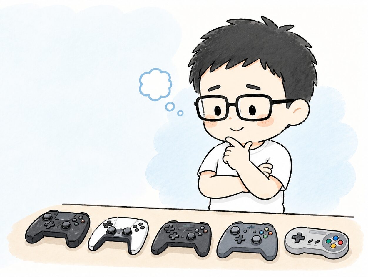 並んだコントローラーを前に次の1台を考えているイラスト