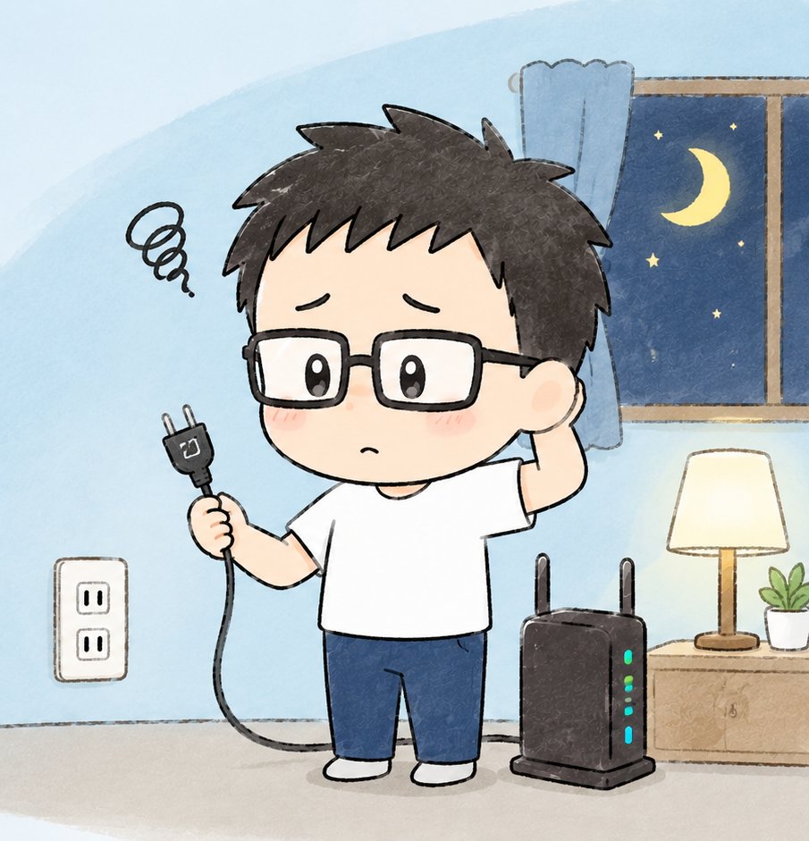 夜にルーターの電源プラグを手に持って困っているイラスト
