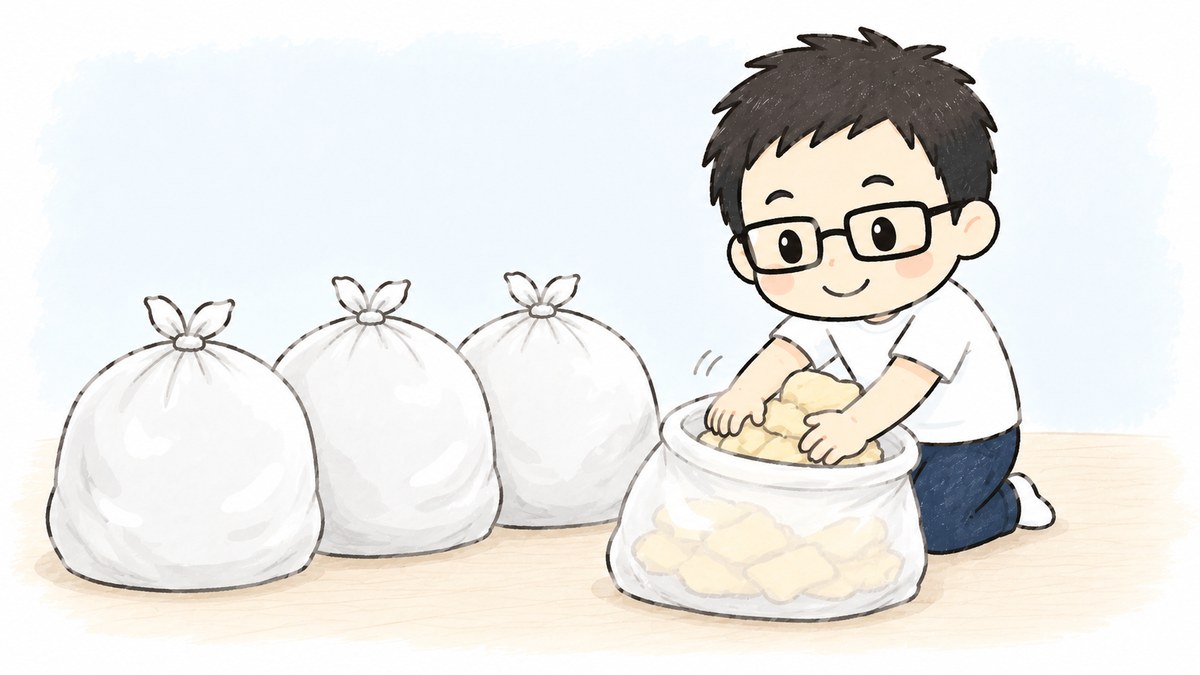 ウレタンの切れ端をごみ袋に押し込むイラスト。ごみ袋3つ