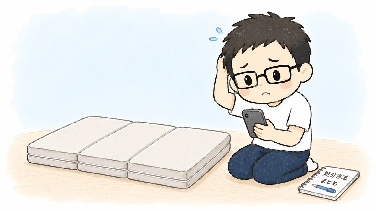 スマホでマットレスの処分方法を調べているイラスト