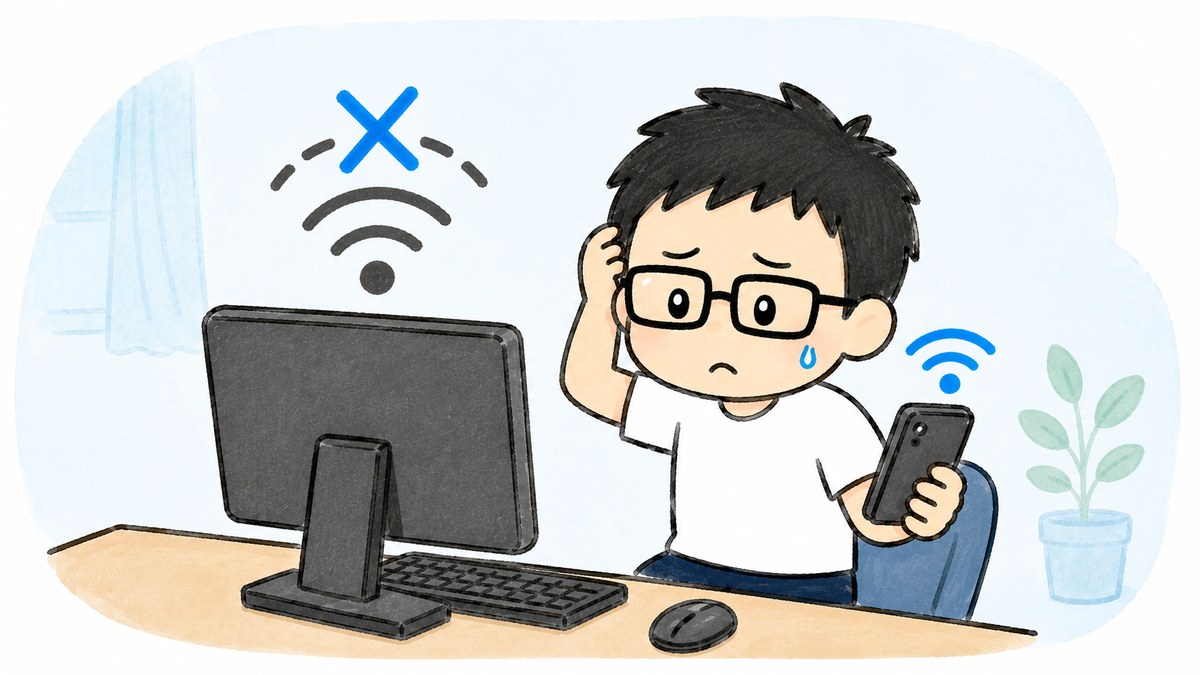PCのWi-Fiは切れているがスマホは繋がっていて困っているイラスト