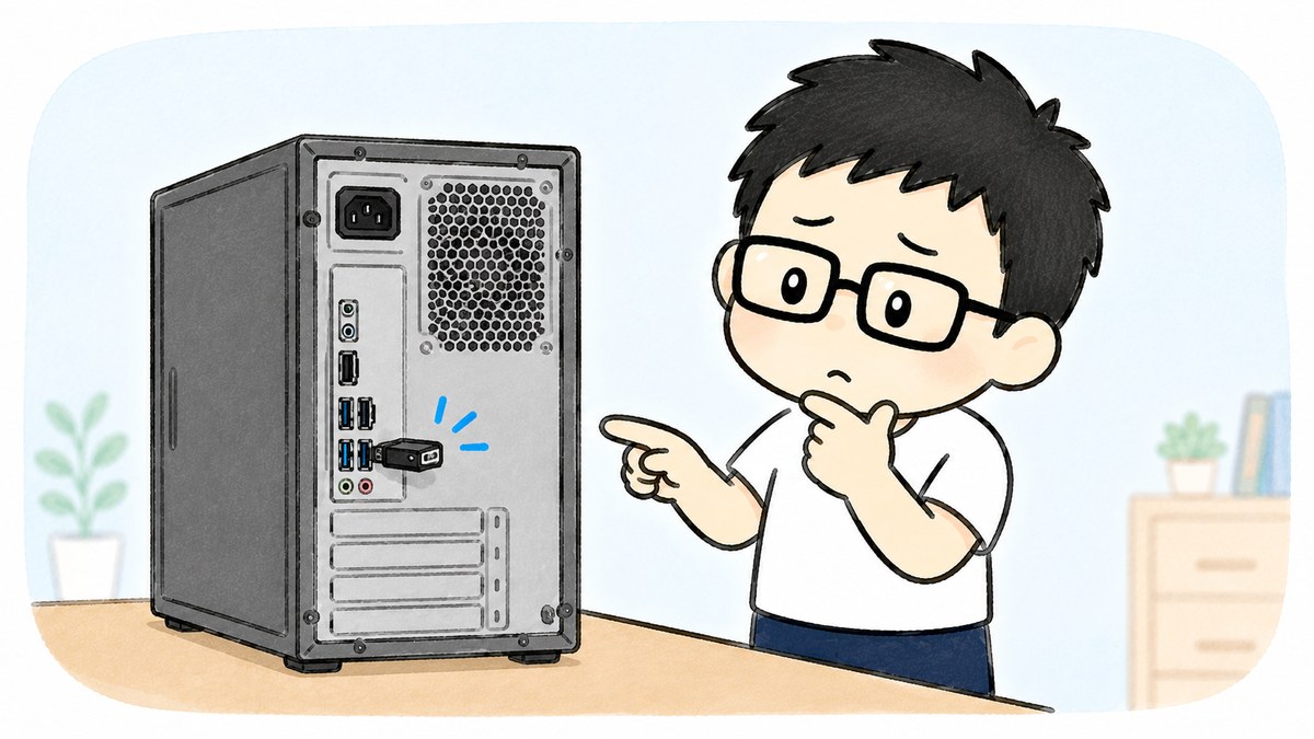 デスクトップPC背面のUSBポートに挿さった小さいWi-Fi子機を指さすイラスト