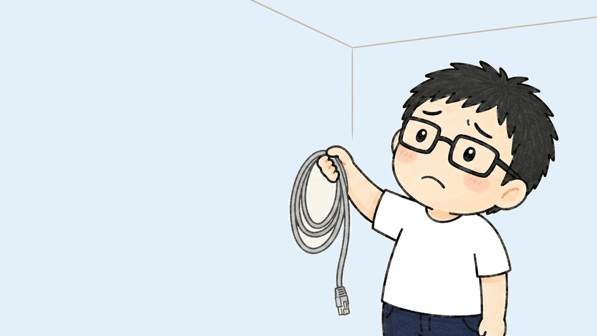 LANケーブルを持って配線ルートに困っているイラスト