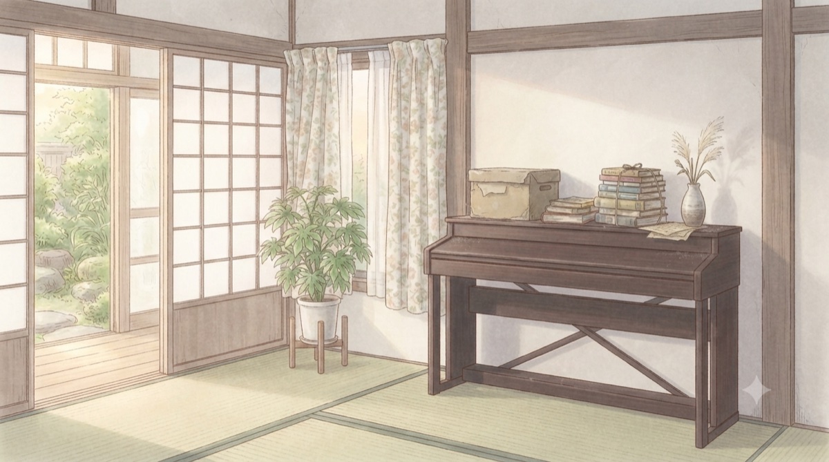 部屋の隅に置きっぱなしになった木製の電子ピアノ(イメージイラスト)