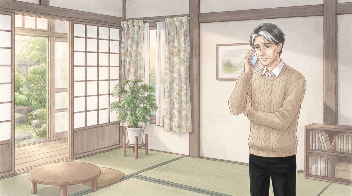 出張査定のキャンセルを電話で伝える男性(イメージイラスト)