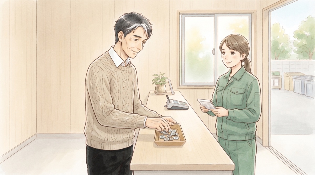 清掃センターの窓口で処分費用を支払う男性(イメージイラスト)