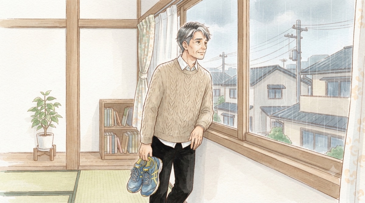 雨の日に外を走れず窓辺で残念そうにする男性(イメージイラスト)