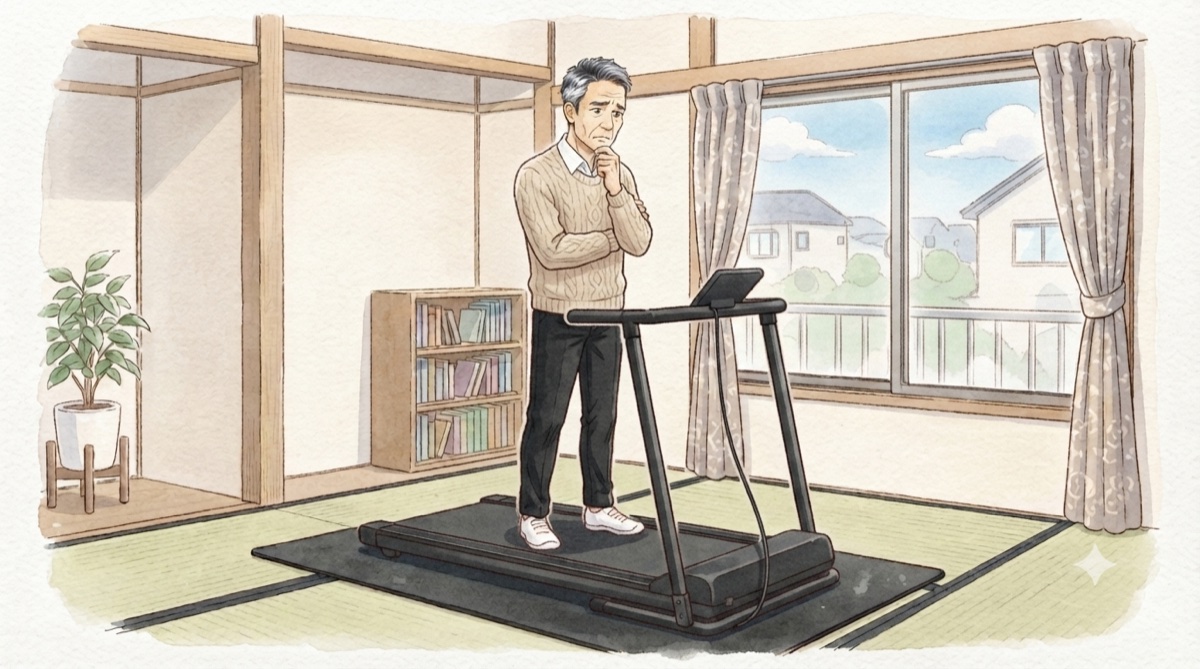 以前使っていたランニングマシンの異音を心配そうに確認する男性(イメージイラスト)