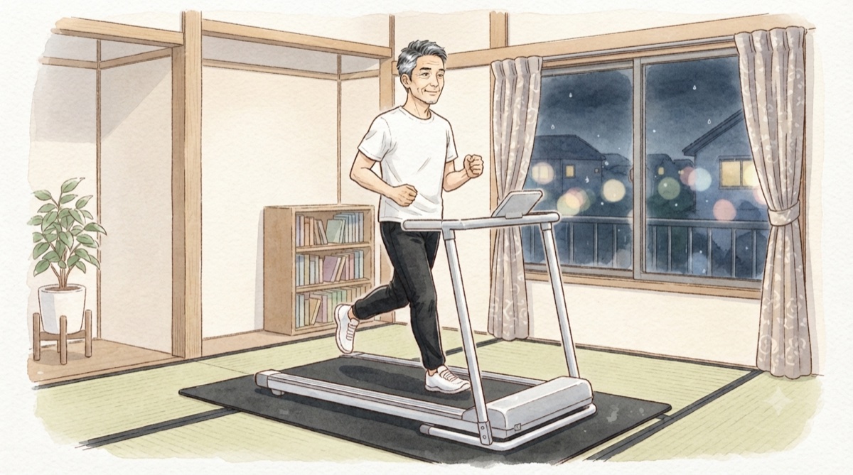 雨の夜でもランニングマシンで快適に走る男性(イメージイラスト)