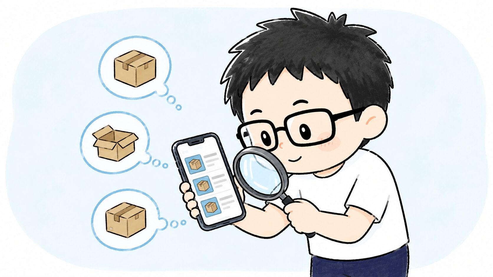 メルカリの出品一覧を虫めがねで見比べるイラスト