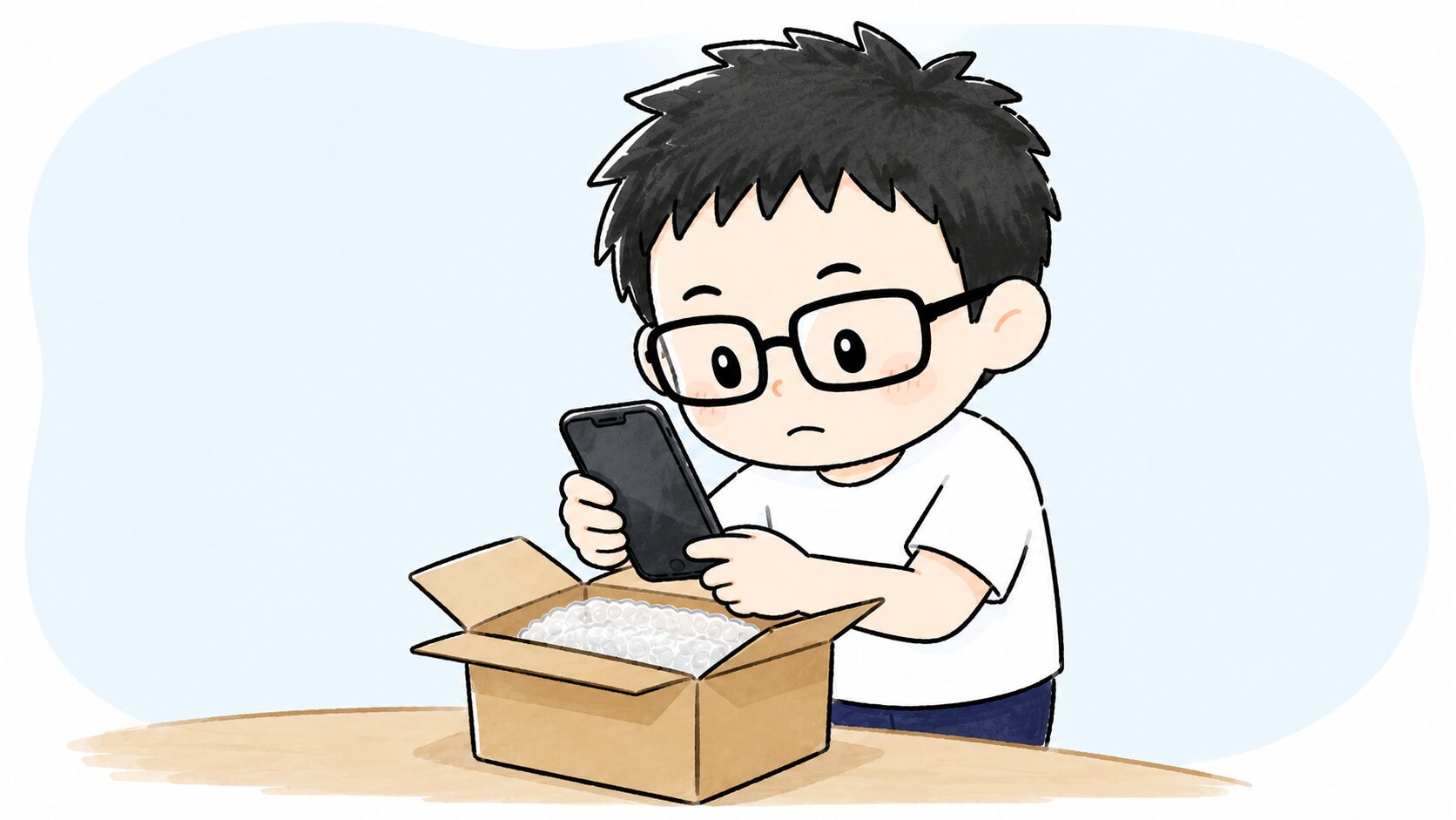 届いた箱を開けてスマホを確認するイラスト