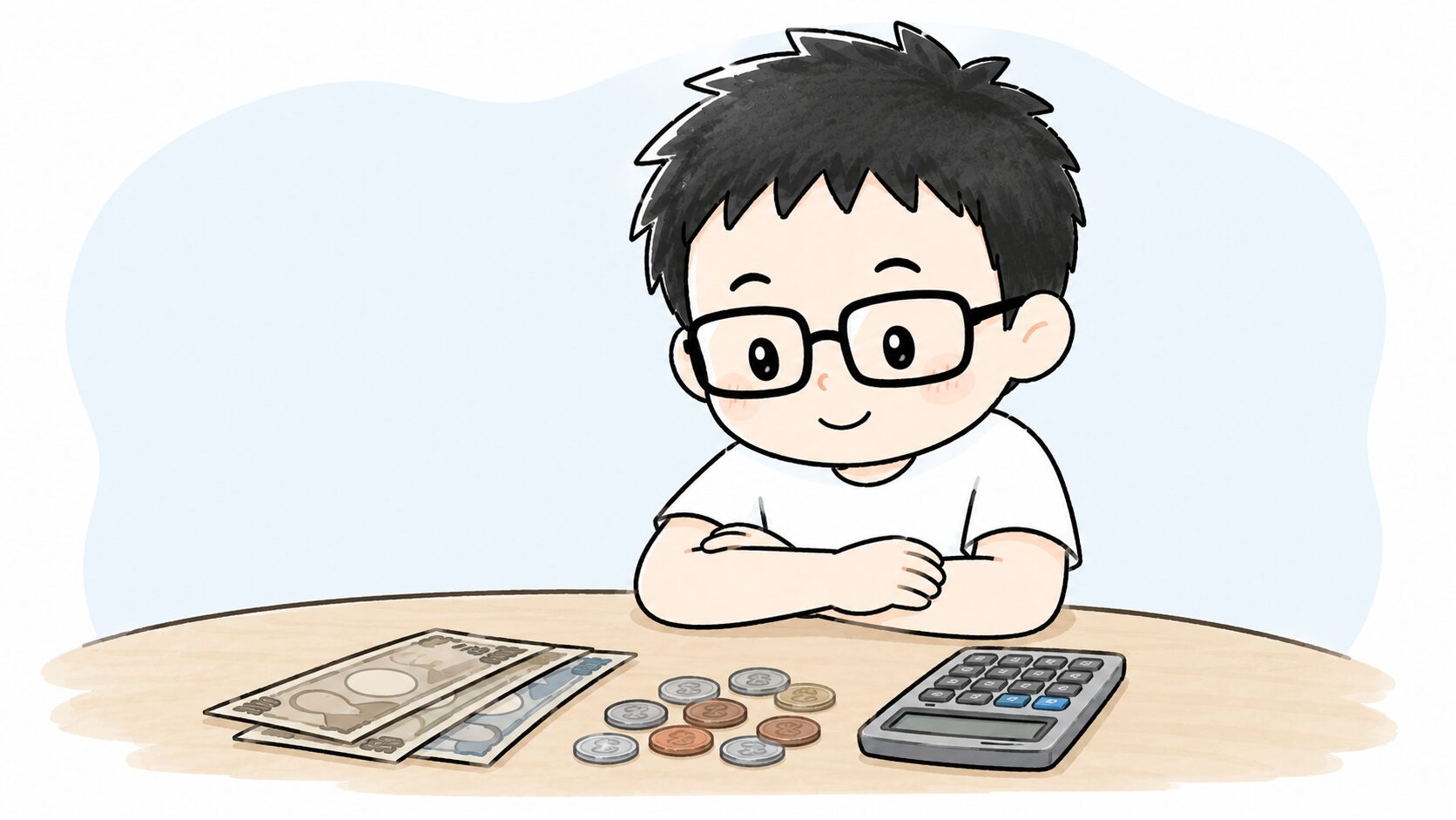 お札と小銭と電卓を前にやさしく見守るイラスト