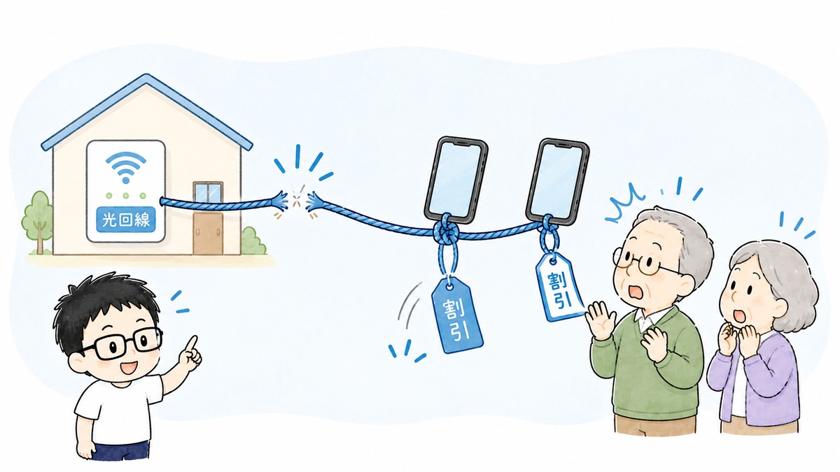 家の光回線を解約すると、つながっていたスマホの割引タグが外れる仕組みの図解