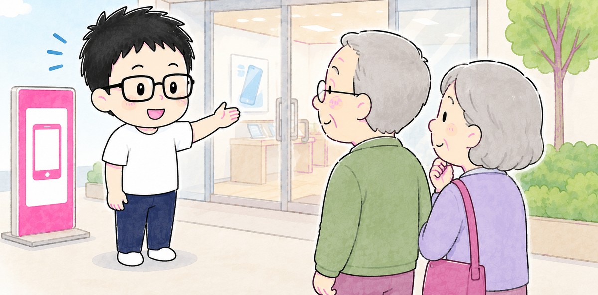 シニア夫婦に「困ったらここに来ればいい」とUQの店舗を案内する場面のイラスト
