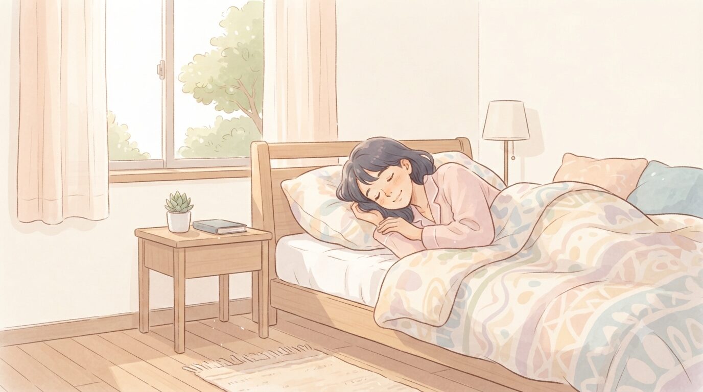 睡眠用イヤホンでぐっすり眠る女性のイラスト