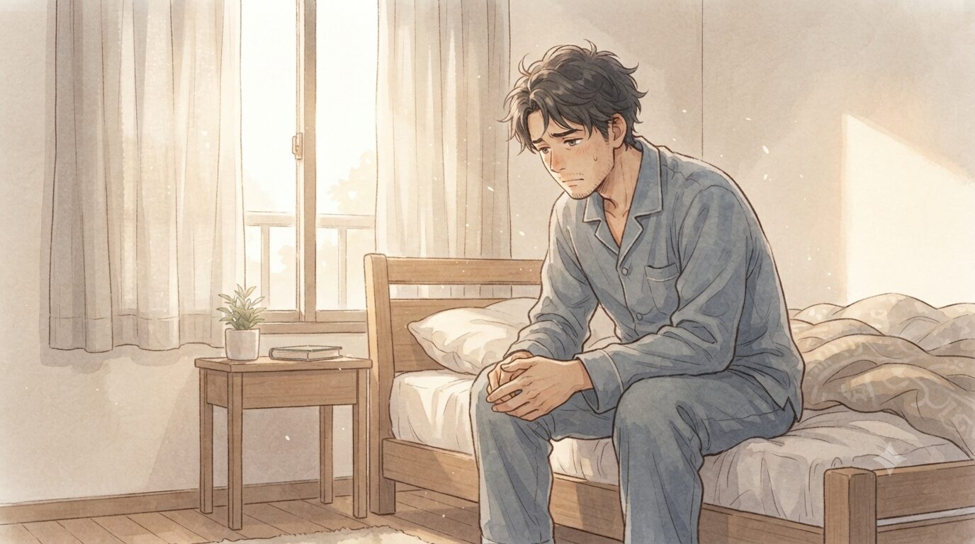 いびきに悩み対策を考える男性のイラスト