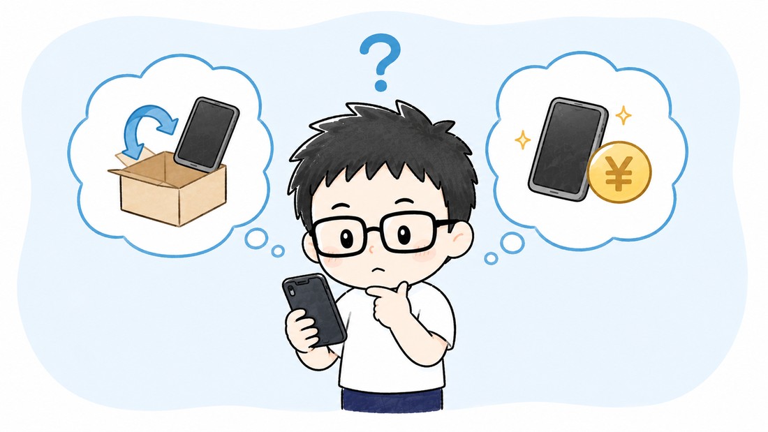 端末を返却するか買い取るかで迷う場面のイラスト