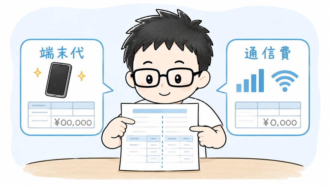 請求書を端末代と通信費に分けて確認するイラスト