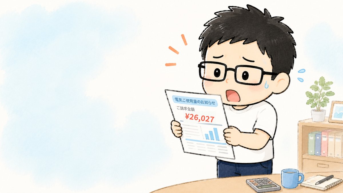 跳ね上がった26,027円の電気代の請求書に驚くイラスト