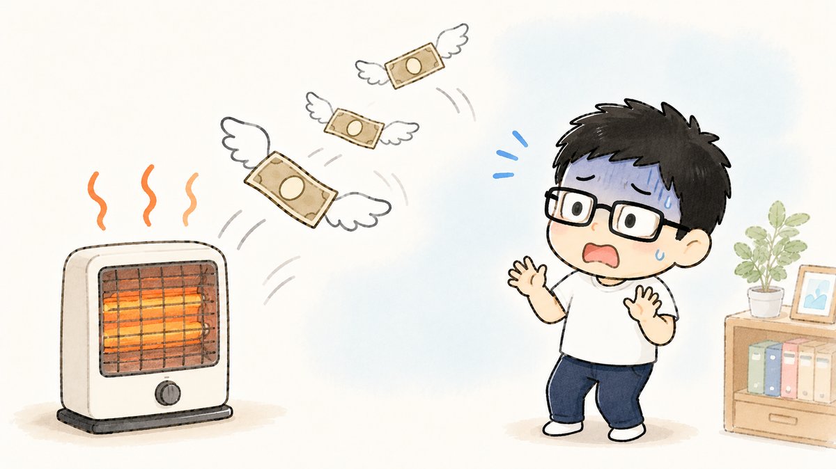 電気ストーブでお金が羽ばたいて飛んでいくイラスト
