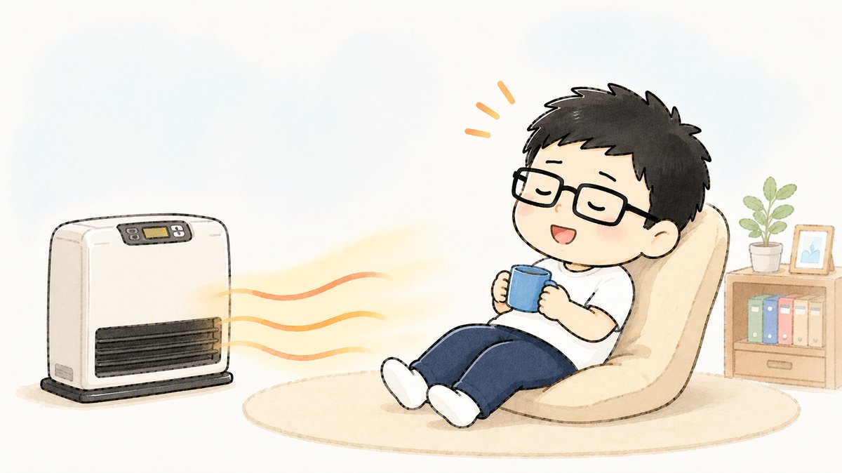 ガスファンヒーターの温風でくつろぐイラスト