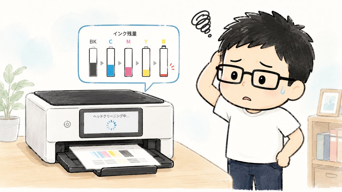 ヘッドクリーニング中のプリンターとインク残量が減っていく様子のイラスト